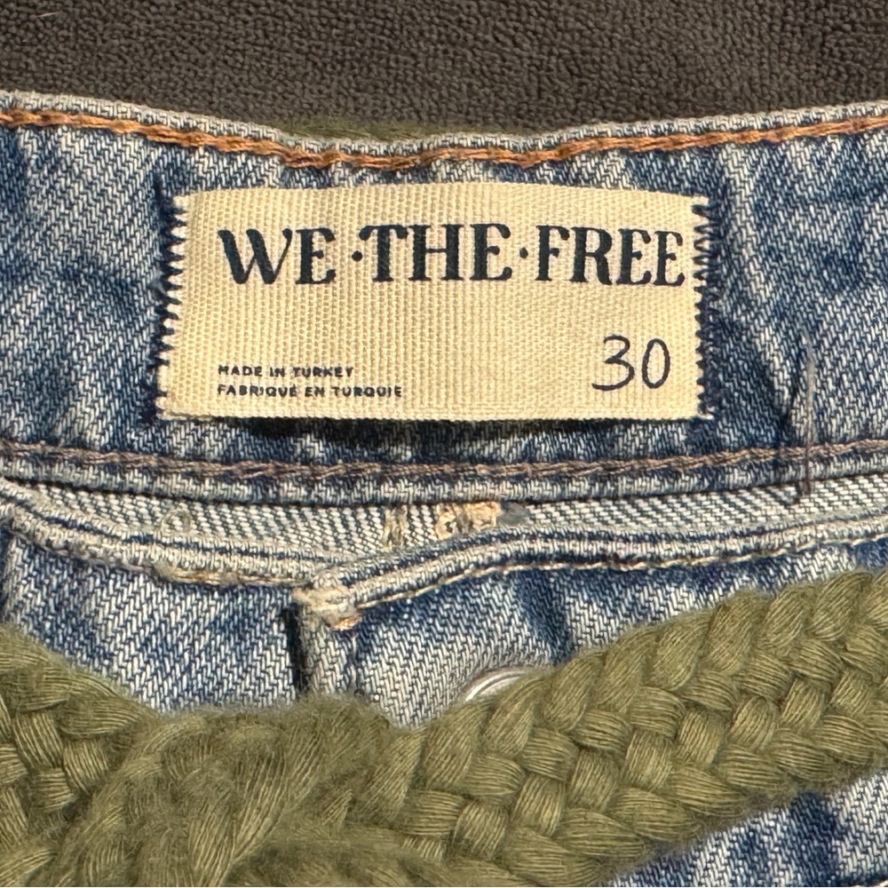 Free People Women's Boyfriend Jeans - Light Blue Denim with Olive Drawstring - Picture 5 of 11